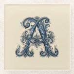Rosemaling Monogram Prussian Blue Glasuntersetzer<br><div class="desc">Celebrate your heritage with this elegant, hand-painted style Telemark Rosemaling design. Featuring the letter A, this piece captures the traditional Norwegian folk art style characterized by its flowing asymmetrical scrolls, intricate leaf work, and delicate linework. The palette is a striking combination of deep Prussian blue, crisp white, and bold black,...</div>