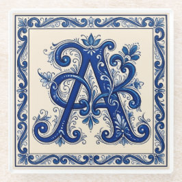 Rosemaling-Monogramm Preußischblau Glasuntersetzer