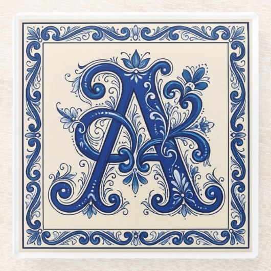 Rosemaling-Monogramm Preußischblau Glasuntersetzer (Vorderseite)