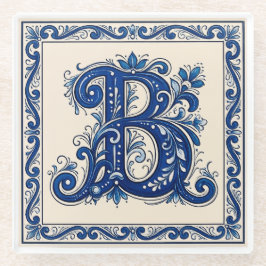Rosemaling-Monogramm-Preußischblau Glasuntersetzer