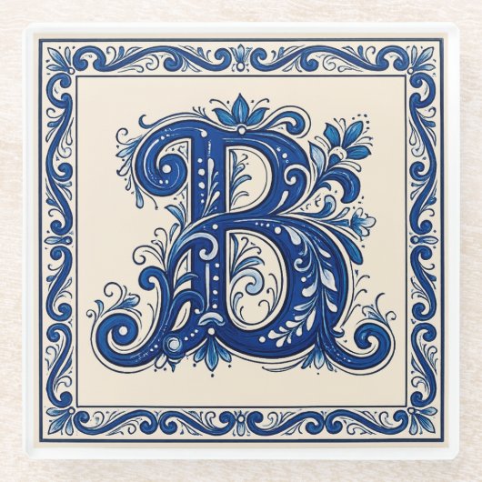 Rosemaling-Monogramm-Preußischblau Glasuntersetzer (Vorderseite)