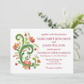 Rosemaling Red and Pink Wedding Einladung (Stehend Vorderseite)