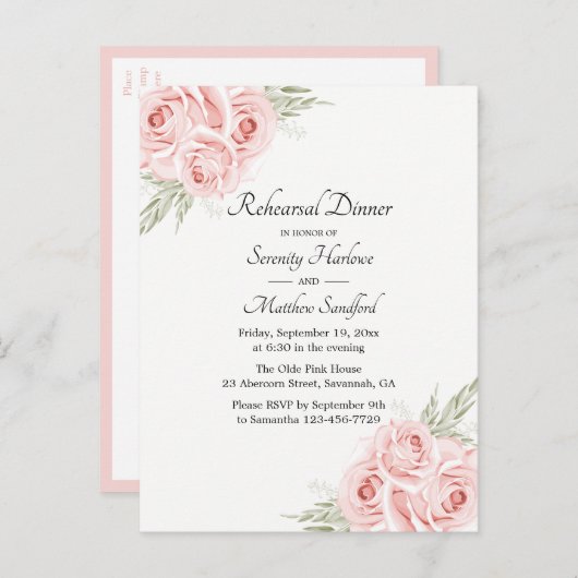 Rosen Aquarell Rosa Probe Abendessen Einladungspostkarte (Vorne/Hinten)