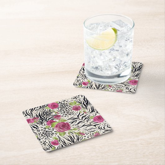 Rosen auf Tiermuster Rechteckiger Pappuntersetzer (Vor Ort)