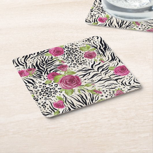 Rosen auf Tiermuster Rechteckiger Pappuntersetzer (angewinkelt)
