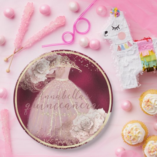 Rosen aus Burgund und Gold Quinceñera, rosa Rosen Pappteller (Party)