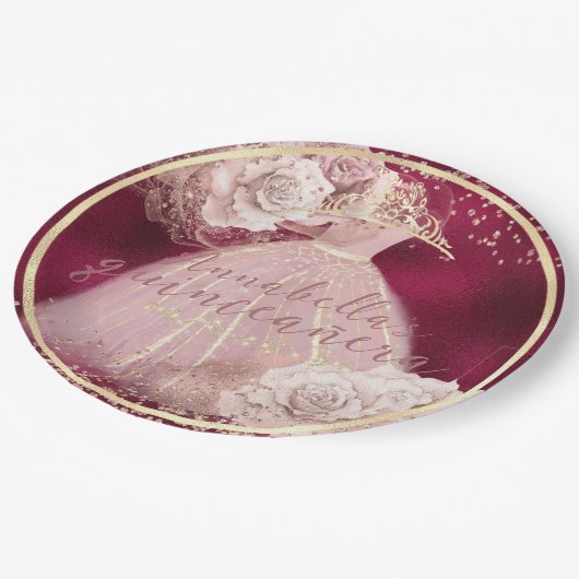 Rosen aus Burgund und Gold Quinceñera, rosa Rosen Pappteller (Schrägansicht)