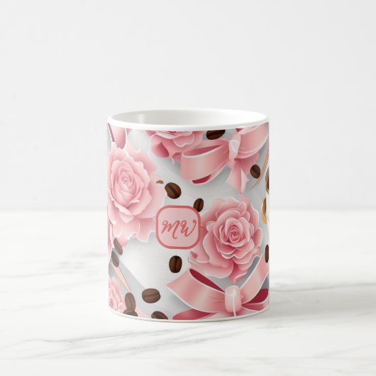 Rosen, Bänder, Bogen, Monogramme, elegant rosa Kaffeetasse (Mittel)