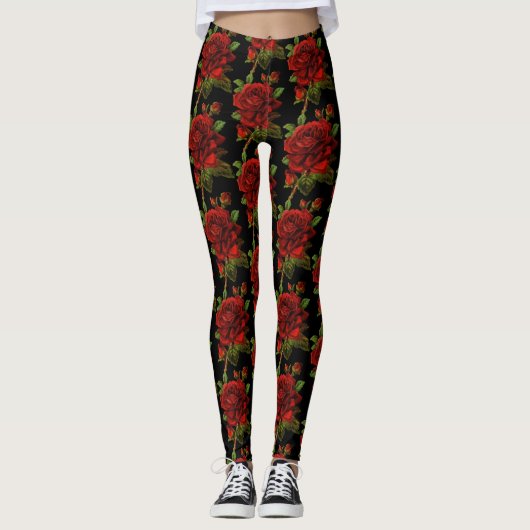 Rosen-Blumen-Blumenschwarzes Leggings (Vorderseite)