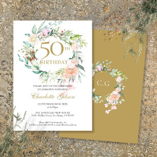 Rosen-Blumengirlande-Monogramm 50. Geburtstag Einladung