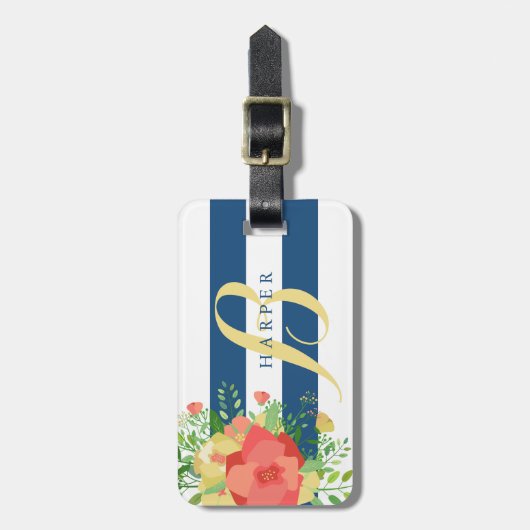 Rosen-Blumenstrauß-u. blaue Streifen-individueller Gepäckanhänger (Vorderseite vertikal)