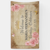 Rosen Blush Pink Butterfly Crown Gold Quinceanera Banner (Vertikal)