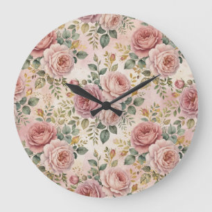Rosen Charme Rustikal Staubrose Salbei Grün Gold Große Wanduhr