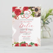 Rosen Charro Quinceañera, Rotes Wappen Einladung (Stehend Vorderseite)