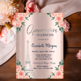 Rosen,Eiffelturm,Blumen,Roségoldene Quinceañera Einladung