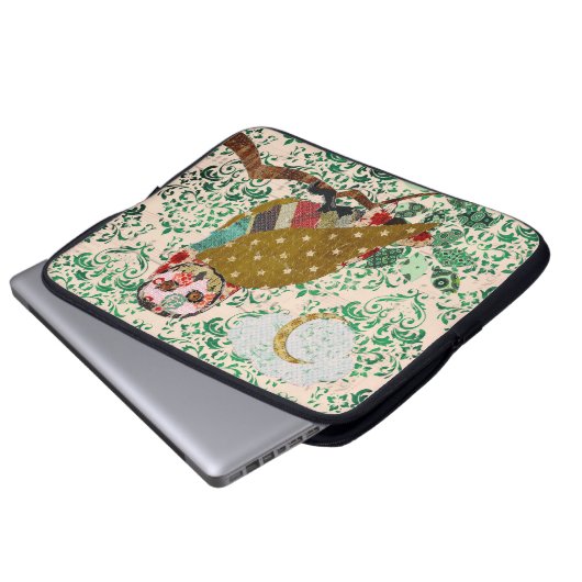 Rosen-Eulen-Grün-Damast-Computer-Hülse Laptopschutzhülle (Vorne Knopf)