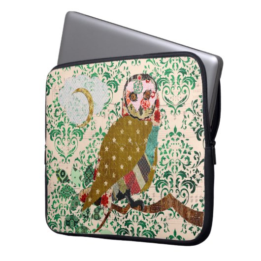 Rosen-Eulen-Grün-Damast-Computer-Hülse Laptopschutzhülle (Vorderseite Links)
