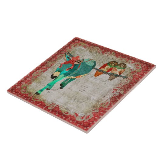 Rosen-Eulen u. karminrote azurblaue Esel-Fliese Fliese (Seite)