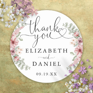 Rosen Florales Herz Schrift Danke Hochzeitsgunst Runder Aufkleber