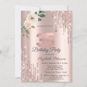 Rosen Glitter Tropfen Rose Gold 35. Geburtstag Einladung