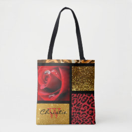 Rosen-Glitzer-Goldleopard-Collage Tasche