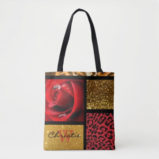 Rosen-Glitzer-Goldleopard-Collage Tasche (Vorderseite)
