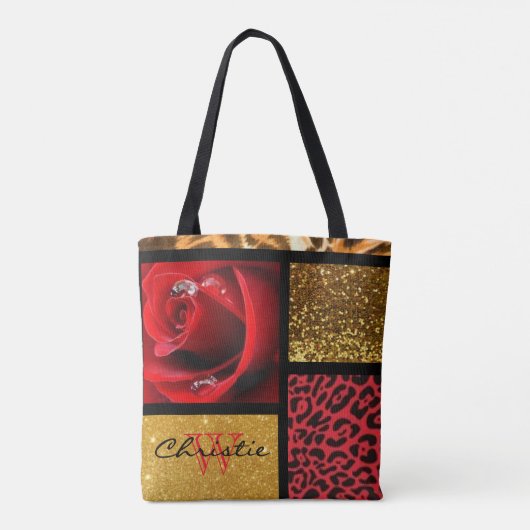 Rosen-Glitzer-Goldleopard-Collage Tasche (Rückseite)