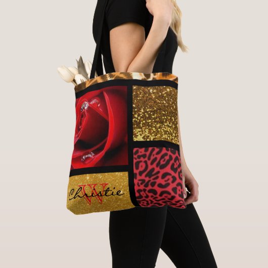 Rosen-Glitzer-Goldleopard-Collage Tasche (Von Nahem)