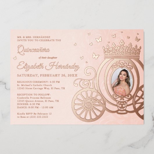 Rosen Gold Blink Rosa Quinceanera Princess Foto Folieneinladung (Vorderseite)