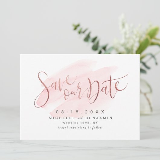 Rosen Gold Blush Modernes einfaches Skript Save th The Date (Stehend Vorderseite)