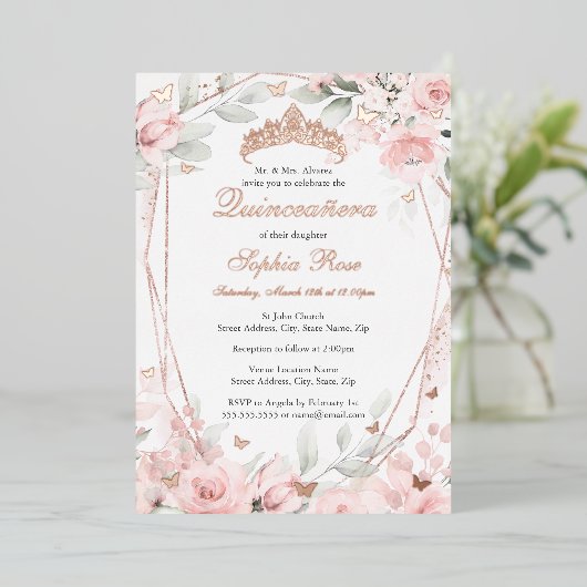 Rosen Gold Blush Pink Bläschen Schmetterling Quinc Folieneinladung (Stehend vorne)