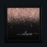 Rosen Gold Blush Pink Glitzer Script Monogram Erinnerungskiste<br><div class="desc">Schwarz und Rose Gold Blush Pink Sparkle Glitzer Skript Monogram Name Juwelry Keepake Box. Dies macht den perfekten Abschluss,  Geburtstag,  Hochzeit,  Brautparty,  Jubiläum,  Babydusche oder Junggeselinnen-Abschied Geschenk für jemanden,  die Lieben glamourösen Luxus und schicke Stile.</div>
