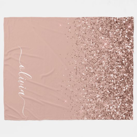 Rosen Gold Blush Pink Glitzer Script Monogram Fleecedecke (Vorderseite (Horizontal))