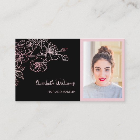 Rosen Gold Blush Pink Schwarze Blüte | QR Code Bus Visitenkarte (Vorderseite)