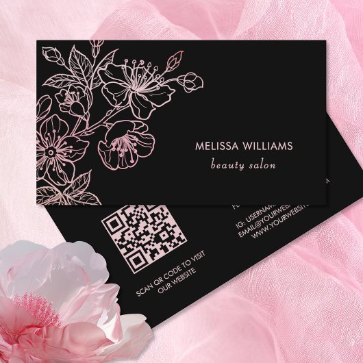 Rosen Gold Blush Pink Schwarze Blüte | QR-Code Visitenkarte