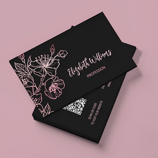Rosen Gold Blush Pink Schwarze Blüte | QR-Code Visitenkarte