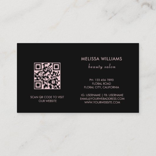 Rosen Gold Blush Pink Schwarze Blüte | QR-Code Visitenkarte (Rückseite)