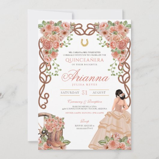 Rosen Gold Charra Western Style Floral Quinceñera Einladung (Vorderseite)