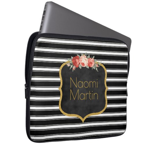 Rosen-Gold der modernes Monogramm-Schwarz-weißes Laptopschutzhülle (Vorne Rechts)