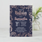 Rosen Gold Floral Navy Blue Brush Script Geburtsta Einladung (Stehend Vorderseite)
