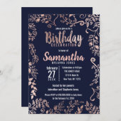 Rosen Gold Floral Navy Blue Brush Script Geburtsta Einladung (Vorne/Hinten)