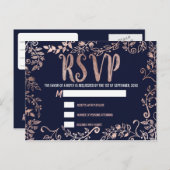 Rosen Gold Floral Navy Blue Brush Script UAWG Einladungspostkarte (Vorne/Hinten)
