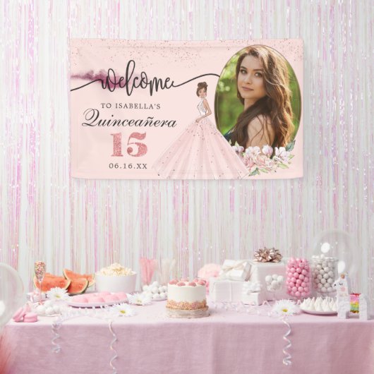 Rosen Gold Floral Quinceñera Geburtstag Begrüßungs Banner (Party)