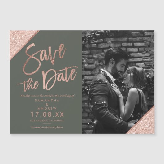 Rosen gold Glitzer Drehbuch grün Foto Save the Dat Magnetkarte (Vorderseite)