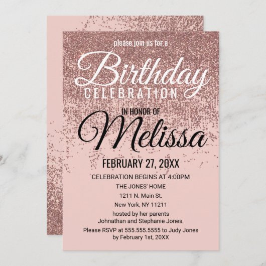Rosen Gold Glitzer Glitzern Blush Pink Geburtstag Einladung (Vorne/Hinten)