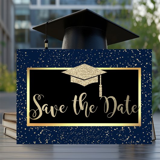 Rosen Gold Glitzer Navy Blue Grad Save the Date