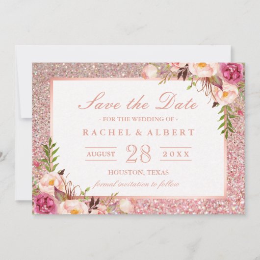 Rosen Gold Glitzer Rosa Floral Save the Date (Vorderseite)