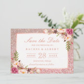 Rosen Gold Glitzer Rosa Floral Save the Date (Stehend Vorderseite)