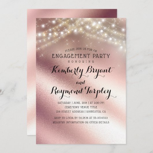 Rosen Gold Glitzer & Sring Lights Engagement Party Einladung (Vorne/Hinten)