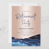 Rosen Gold Navy Blue Agate Retirement Party Einladung (Vorderseite)